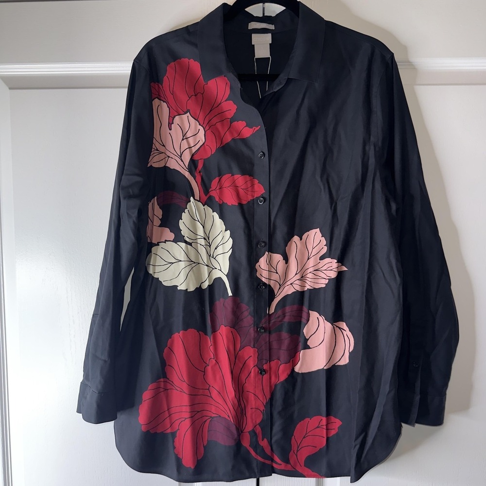Chico's Shirt Womens 16 Black Floral No Iron Stretch Luxe Foliage Tunic